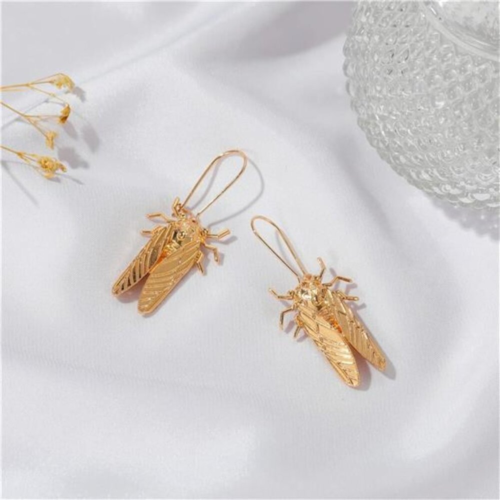 Vintage Cicada Hoop Earrings | Egyptian Insect Dangle Drops - Picture 3 of 4